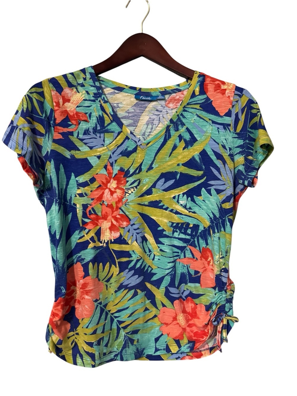 Fresh Tropical Floral V-Neck Tee with Side Tie Size PL